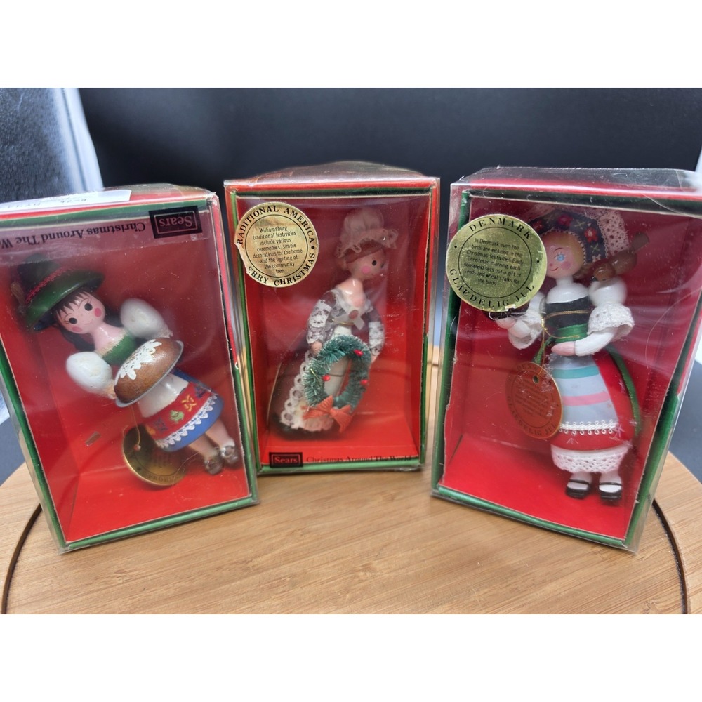 Lot of 3 Vintage Sears Christmas Around The World Ornaments Austria Denmark USA